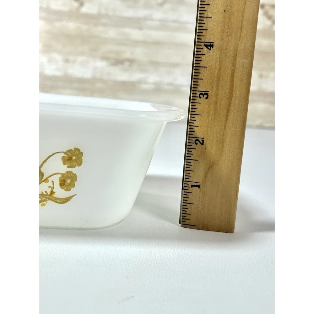 Vintage Glasbake White Glass Yellow / Brown Daisies Baking Loaf Pan Dish